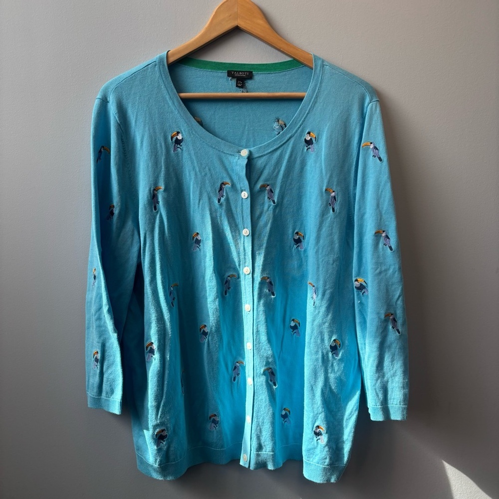 TALBOTS 2X Cardigan blue‎ Toucan Embroidered Sweater